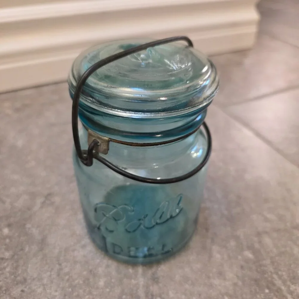 Vintage Rare #9 Ball Ideal Blue Glass Quart Jar W/ Top & Wire